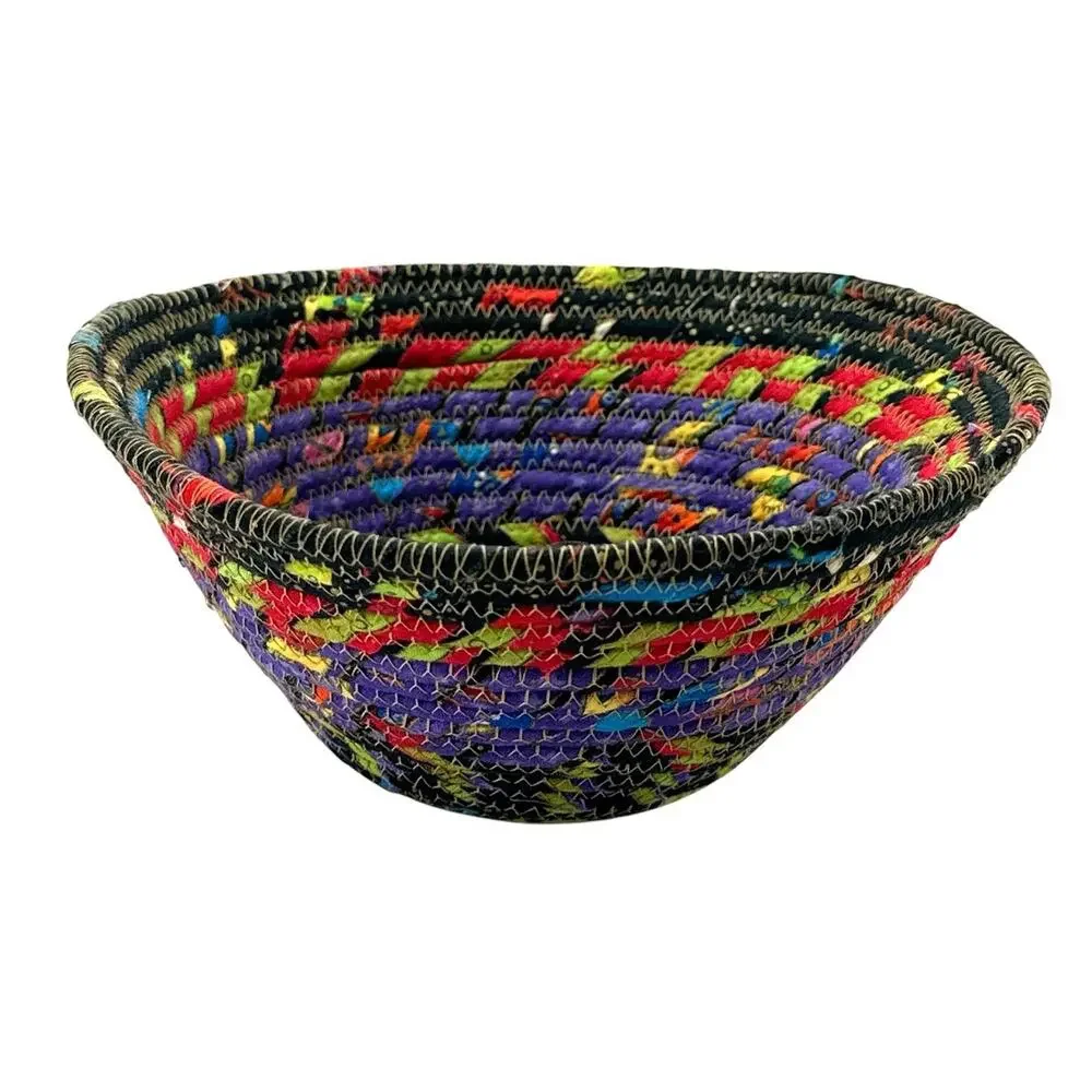 Handmade Coiled Fabric Bowl Bird Center Quilted Textile Basket 7” Colorful Decor